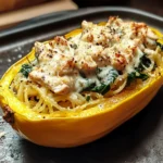 Garlic Parmesan Stuffed Spaghetti Squash with Chicken and Spinach