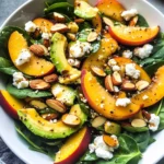 Summer Peach Spinach Salad with Avocado, Toasted Almonds + Goat Cheese