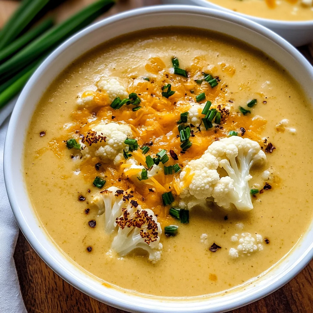 Creamy Cheddar Cauliflower & Roasted Garlic Soup Recipe