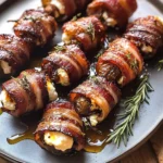 Goat Cheese Stuffed Bacon Wrapped Dates with Rosemary Honey