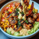 Grilled Shrimp Bowl with Avocado, Corn Salsa & Creamy Sauce