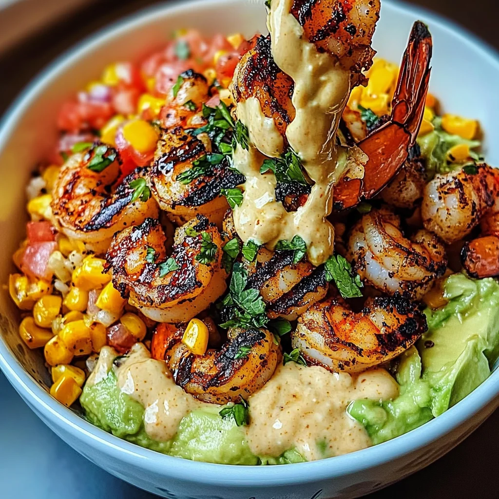 Grilled Shrimp Bowl with Avocado, Corn Salsa & Creamy Sauce