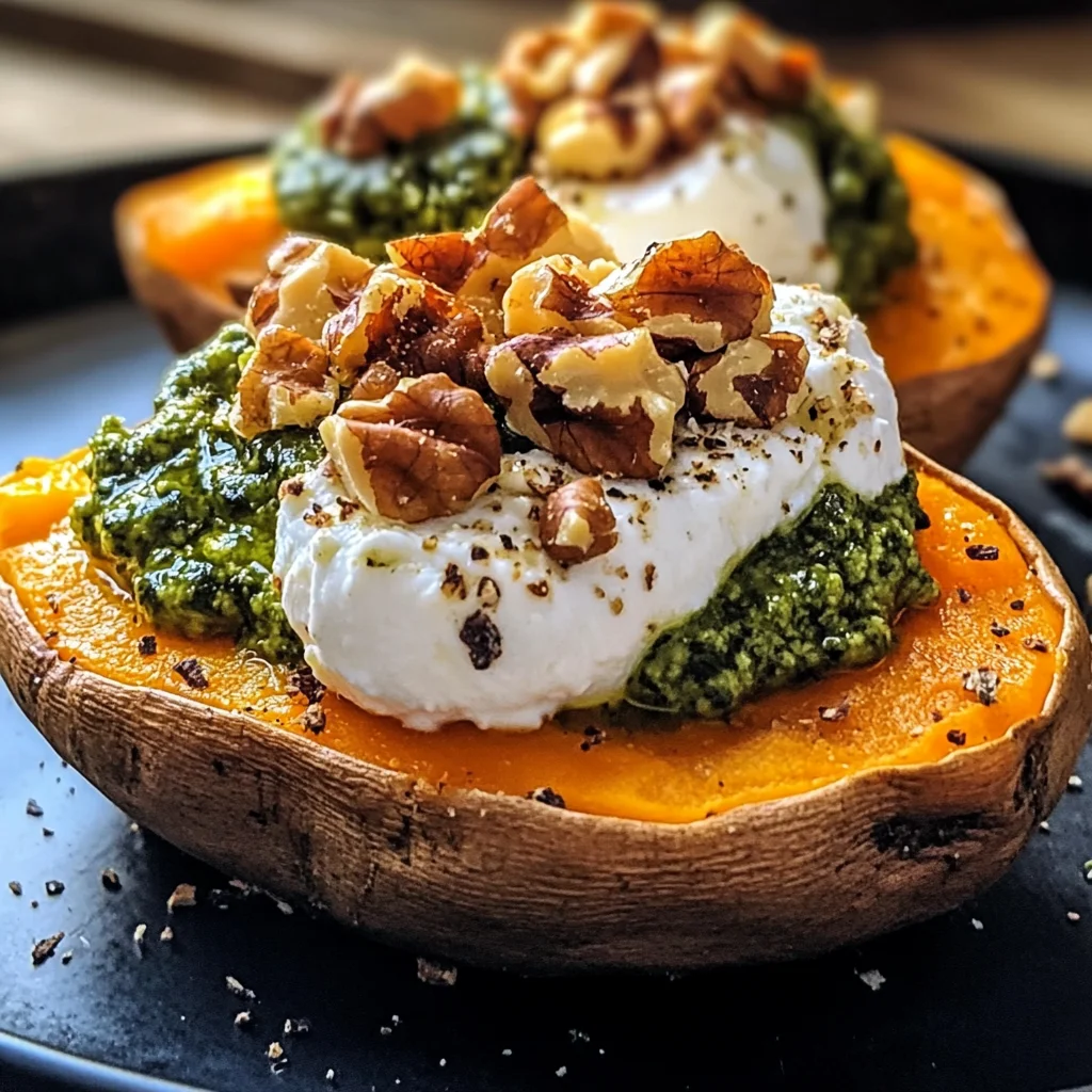 Stuffed Sweet Potatoes with Burrata, Toasted Walnuts & Sage Pesto
