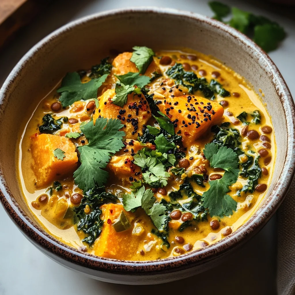 Ginger Sweet Potato and Coconut Milk Stew with Lentils and Kale