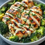 Grilled Chicken & Broccoli Bowls with Creamy Garlic Sauce