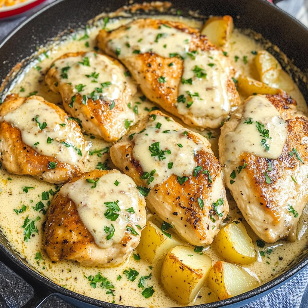 High-Protein Creamy Garlic Cheesy Chicken & Potatoes