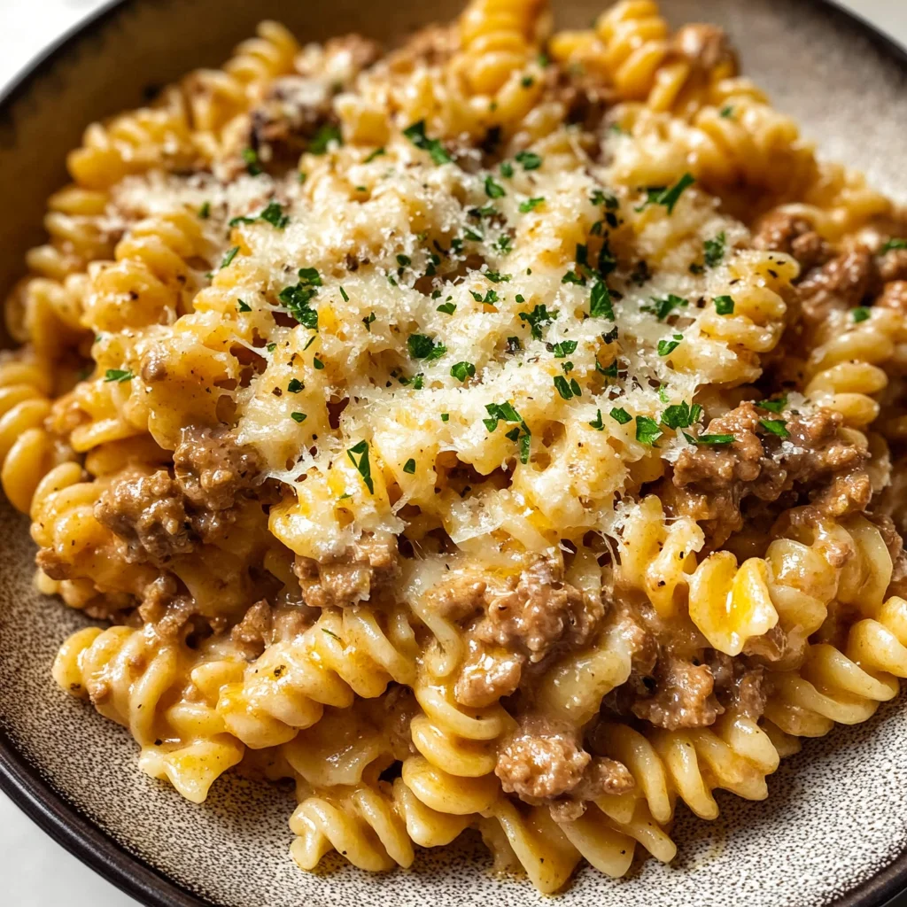 Beef and Rotini in Garlic Parmesan Sauce