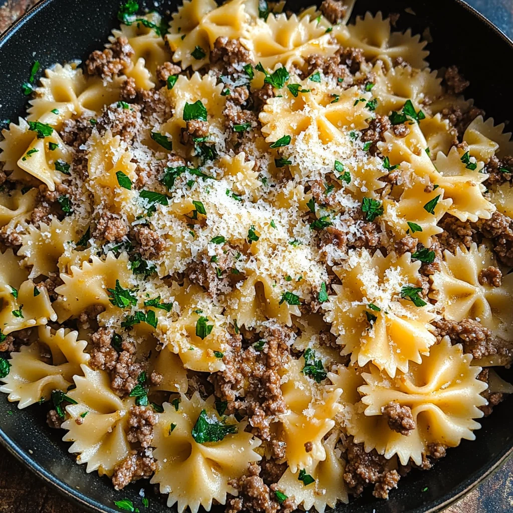 Garlic Butter Bowtie Pasta with Ground Beef Recipe
