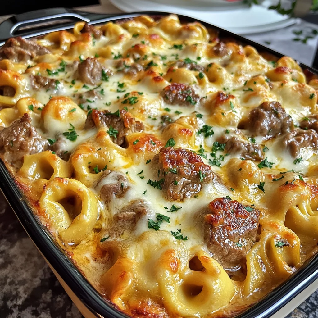 Golden Cheese Steak Tortellini Casserole