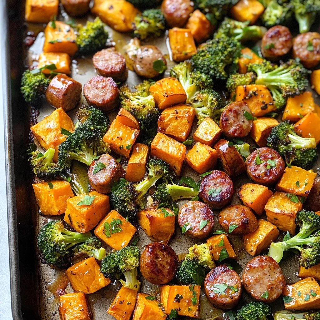 Sheet Pan Sausage and Sweet Potatoes with Honey Garlic Sauce