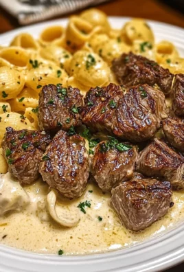 Steak Bites and Shell Pasta in Garlic Butter Alfredo Sauce