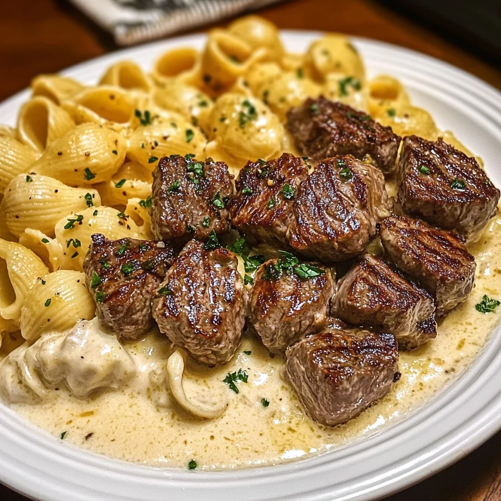 Steak Bites and Shell Pasta in Garlic Butter Alfredo Sauce